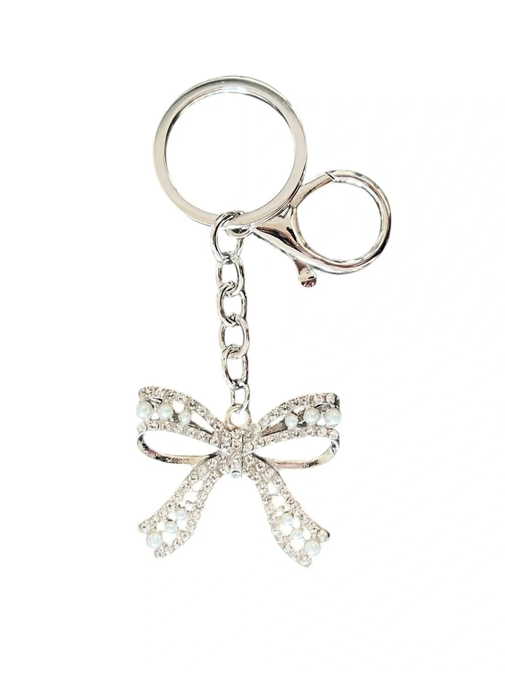 Silver Bow Allover Clear Rhinestone & White Pearl Coquette Bag Charm Keychain